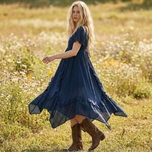 Free People Ethereal Bohemian Bring The Romance Maxi Dress Midnight Blue Small